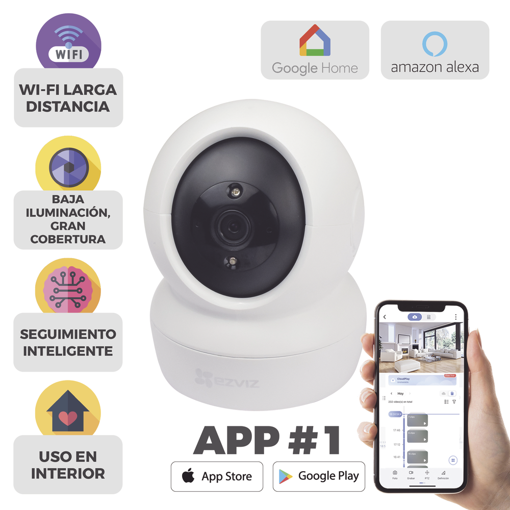 Cámara de seguridad EZVIZ C6N WiFi 2MP con seguimiento inteligente, compatible con Google Home, Alexa y app móvil.