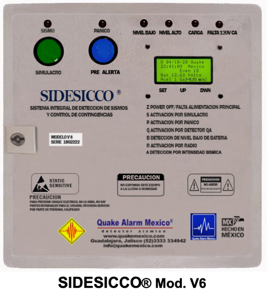 Alarma sísmica profesional SIDESICCO V6 con pantalla LCD, indicadores LED y botones de simulacro y pánico.