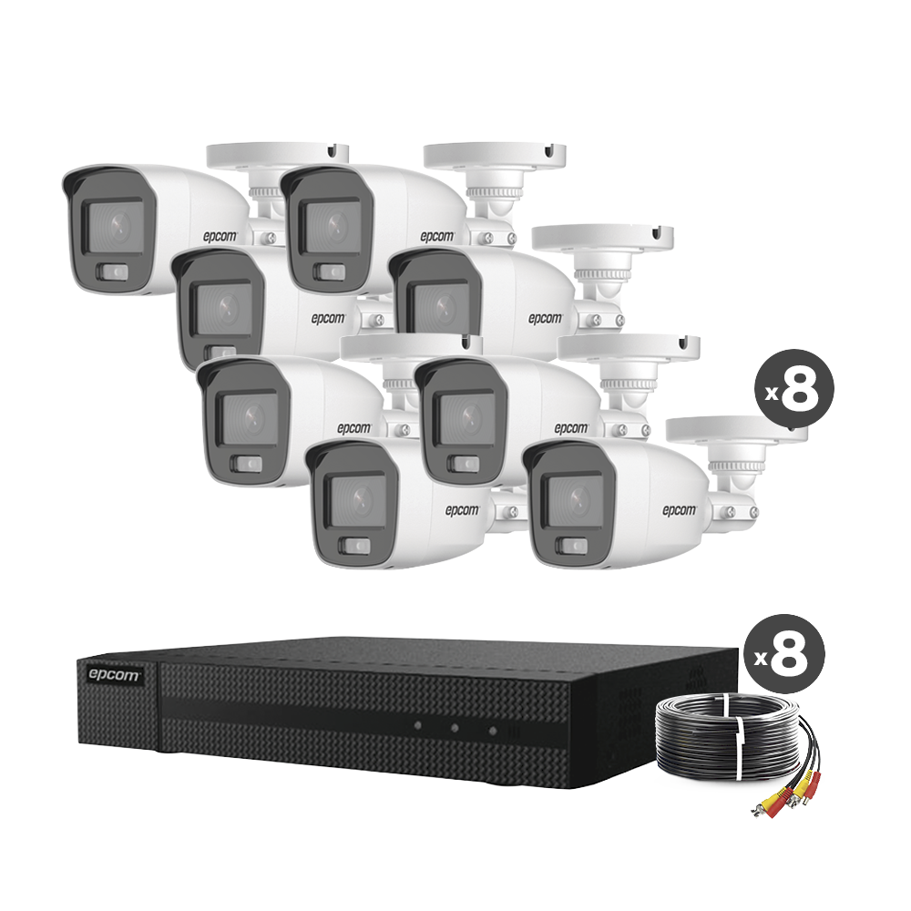 Kit TurboHD 1080p / DVR 8 Canales / 8 Cámaras Bala ColorVu con Microfono Integrado / Fuente de Poder / Accesorios de Instalación