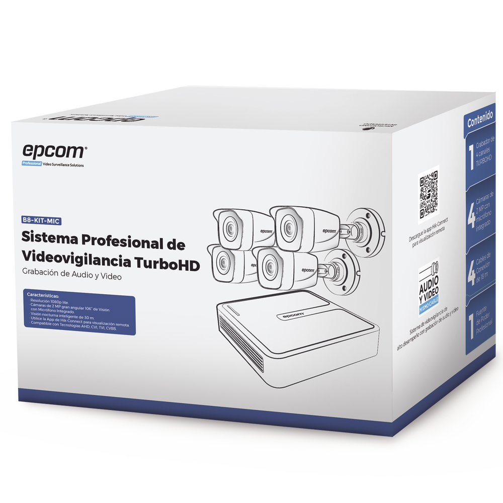 (MICRÓFONO Integrado) Kit TurboHD 1080p Lite / DVR 4 canales / Audio por Coaxitron / 4 Cámaras Bala de Metal con Micrófono Integrado