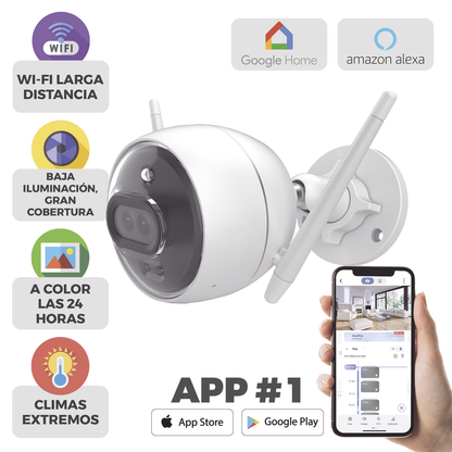 Bala IP 2 Megapíxel / Wi-Fi / Doble Lente / COLORES EN OSCURIDAD / Deteccion de Personas o Vehículos / Cruce de Línea / Intrusión a un área / Audio de dos vías / Luz Estroboscópica / Sirena / MicroSD