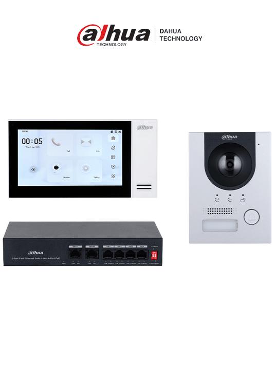 DAHUA KTP01L(S) - Kit de Videoportero IP con Frente de Calle Metálico Antivandálico y cámara de 2MP. Incluye monitor táctil de 7", ranura SD, control de puerta, E/S de alarmas, y switch PoE de 6 puertos, 36W. Ideal para seguridad avanzada/ #VDP
