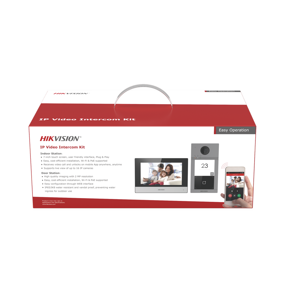Kit de Videoportero IP PoE Estandar con llamada a App de Smartphone (Hik-Connect) / Apertura con Tarjeta MIFARE / Frente de calle IK08 & IP65 / Soporta 2 puertas