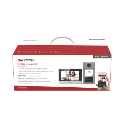 Kit de Videoportero IP PoE Estandar con llamada a App de Smartphone (Hik-Connect) / Apertura con Tarjeta MIFARE / Frente de calle IK08 & IP65 / Soporta 2 puertas