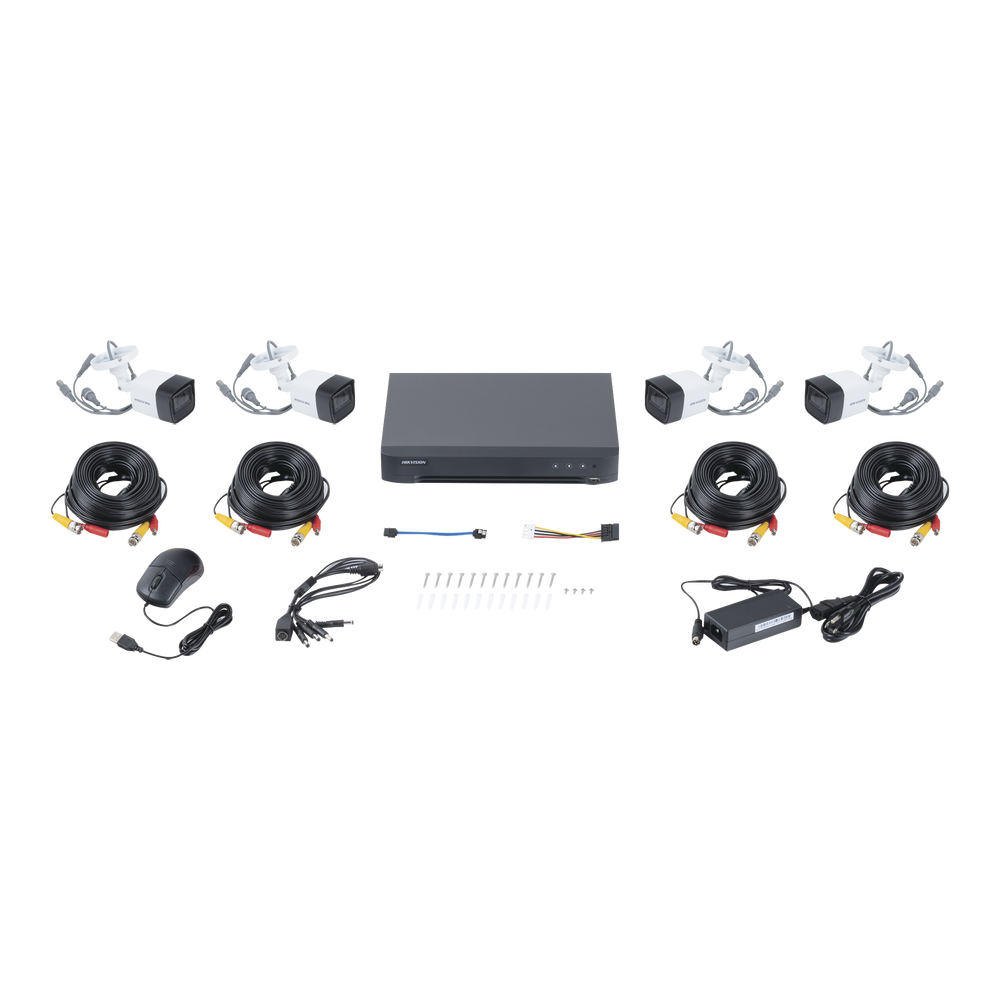 (MICRÓFONO INTEGRADO) KIT TURBOHD 5 Megapixel / DVR 4 Canales / 4 Cámaras Bala con Micrófono Integrado (exterior 2.8 mm) / Fuente de Poder / Accesorios de Instalación