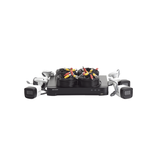 (MICRÓFONO INTEGRADO) KIT TURBOHD 5 Megapixel / DVR 4 Canales / 4 Cámaras Bala con Micrófono Integrado (exterior 2.8 mm) / Fuente de Poder / Accesorios de Instalación