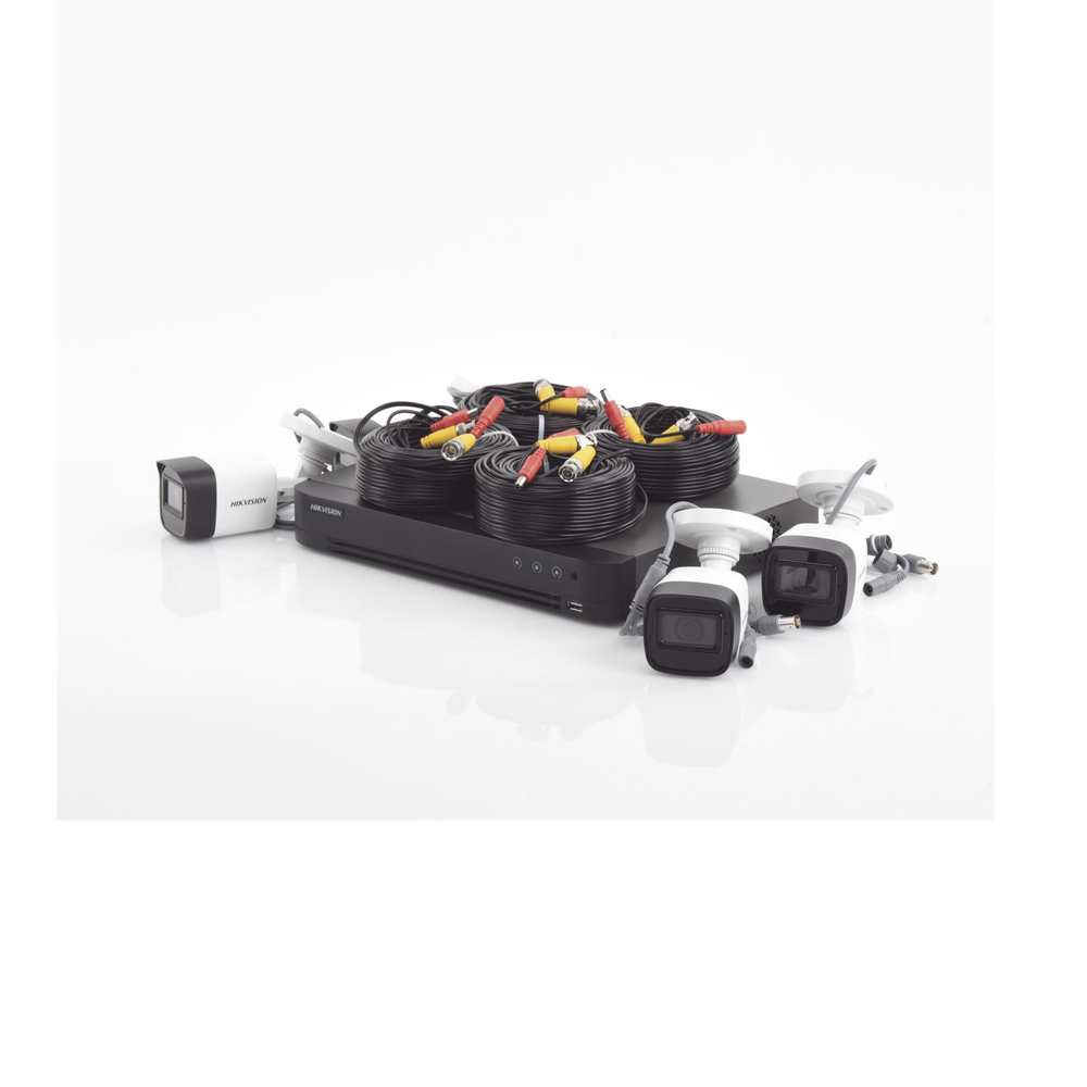 (MICRÓFONO INTEGRADO) KIT TURBOHD 5 Megapixel / DVR 4 Canales / 4 Cámaras Bala con Micrófono Integrado (exterior 2.8 mm) / Fuente de Poder / Accesorios de Instalación