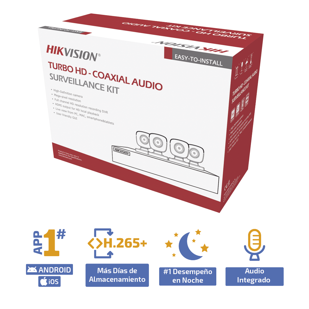 (MICRÓFONO INTEGRADO) KIT TURBOHD 5 Megapixel / DVR 4 Canales / 4 Cámaras Bala con Micrófono Integrado (exterior 2.8 mm) / Fuente de Poder / Accesorios de Instalación