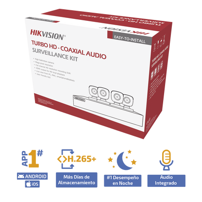 (MICRÓFONO INTEGRADO) KIT TURBOHD 5 Megapixel / DVR 4 Canales / 4 Cámaras Bala con Micrófono Integrado (exterior 2.8 mm) / Fuente de Poder / Accesorios de Instalación