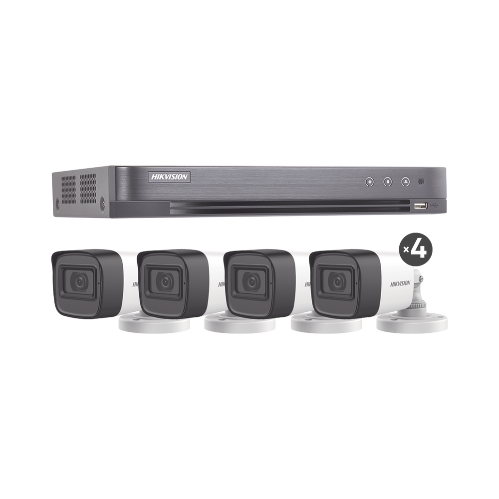 (MICRÓFONO INTEGRADO) KIT TURBOHD 5 Megapixel / DVR 4 Canales / 4 Cámaras Bala con Micrófono Integrado (exterior 2.8 mm) / Fuente de Poder / Accesorios de Instalación
