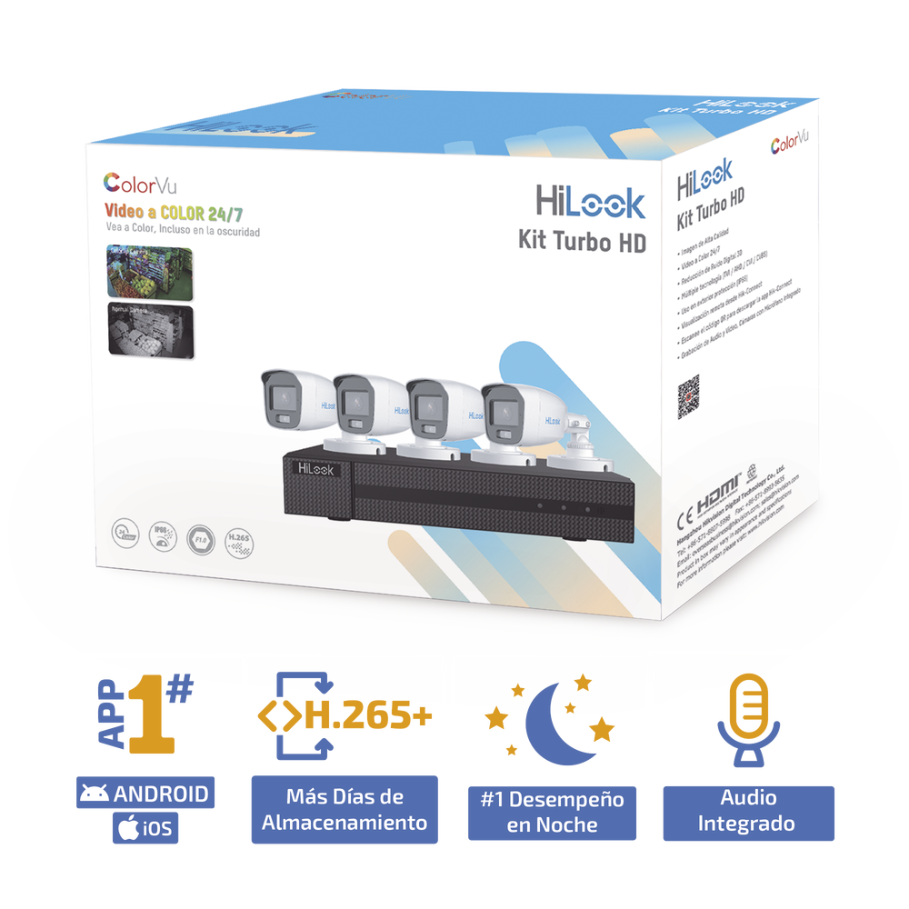 Kit TurboHD 1080p / DVR 4 Canales / 4 Cámaras Bala ColorVu con Micrófono Integrado / Fuente de Poder / Accesorios de Instalación