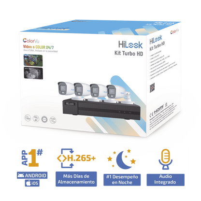 Kit TurboHD 1080p / DVR 4 Canales / 4 Cámaras Bala ColorVu con Micrófono Integrado / Fuente de Poder / Accesorios de Instalación