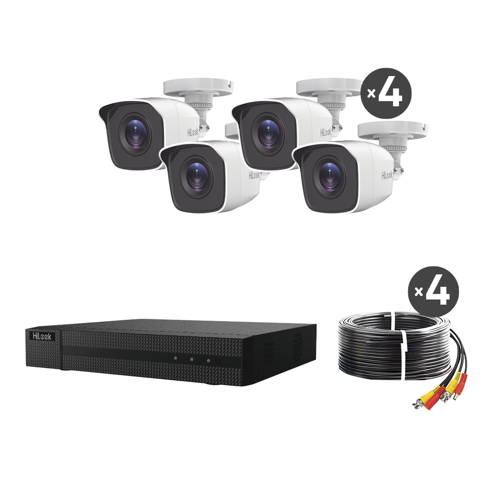KIT TurboHD 1080p / DVR 8 canales con H.265+ / 4 Cámaras Bala Metálicas / Fuente de Poder / Accesorios de Instalación