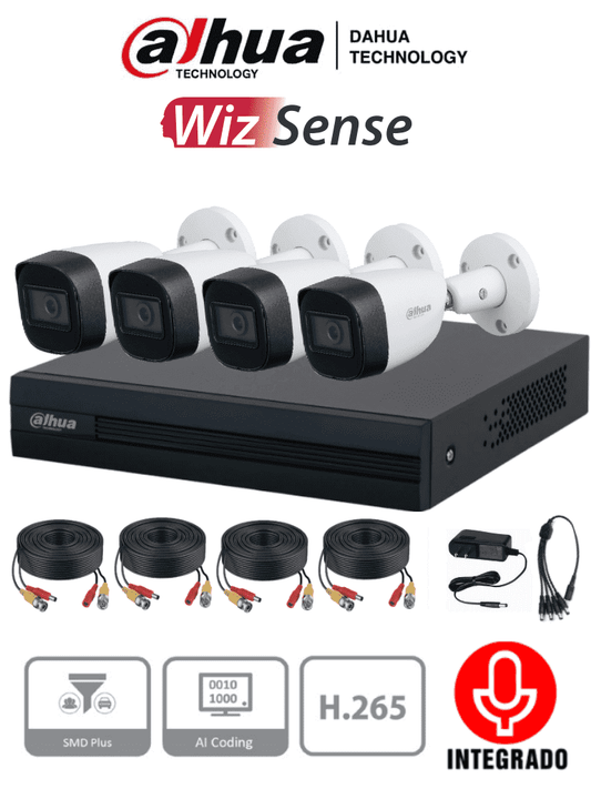 Kit de 4 canales con cámaras de 2MP y audio. Incluye DVR Cooper-I WizSense con IA y H.265+, 4 cámaras metálicas con micrófono integrado, 4 canales más 1IP o hasta 5 canales IP, 4 canales SMD Plus y accesorios incluidos/