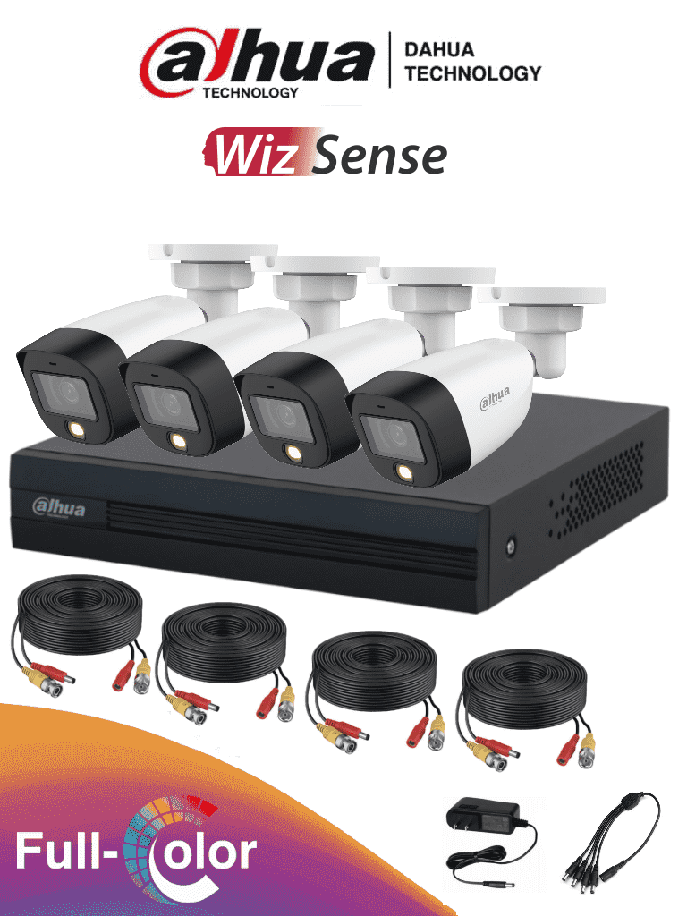 Kit de 4 canales Full Color de 2 MP. Incluye 4 cámaras HFW1209CN-LED, DVR Cooper-I WizSense, con IA, H.265+, y 4 canales + 1 IP (o hasta 5 canales IP). Búsqueda avanzada de humanos y vehículos, accesorios incluidos
