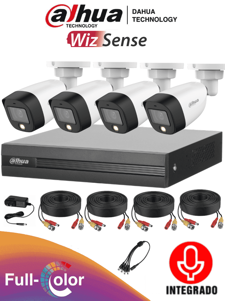 Kit de 4 Canales Full Color 2 MP con Audio y DVR Cooper-I WizSense. Incluye 4 cámaras Full Color 2 MP con micrófono integrado. Sistema de 4 canales más 1 IP y 4 SMD Plus. Incluye accesorios y búsqueda de humanos con IA.