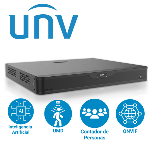 NVR 16-CANALES / 16POE-300M UNV NVR302-16B-P16-IQ / INTELIGENCIA-ARTIFICIAL-INTEGRADA-(IQ) / HASTA12MP / 2HDD-HASTA-10TB / HDMIOUT-4K+VGAOUT-1080P-SIMULTANEAS / ANALITICAS / SMART-BY-NVR / SMART-