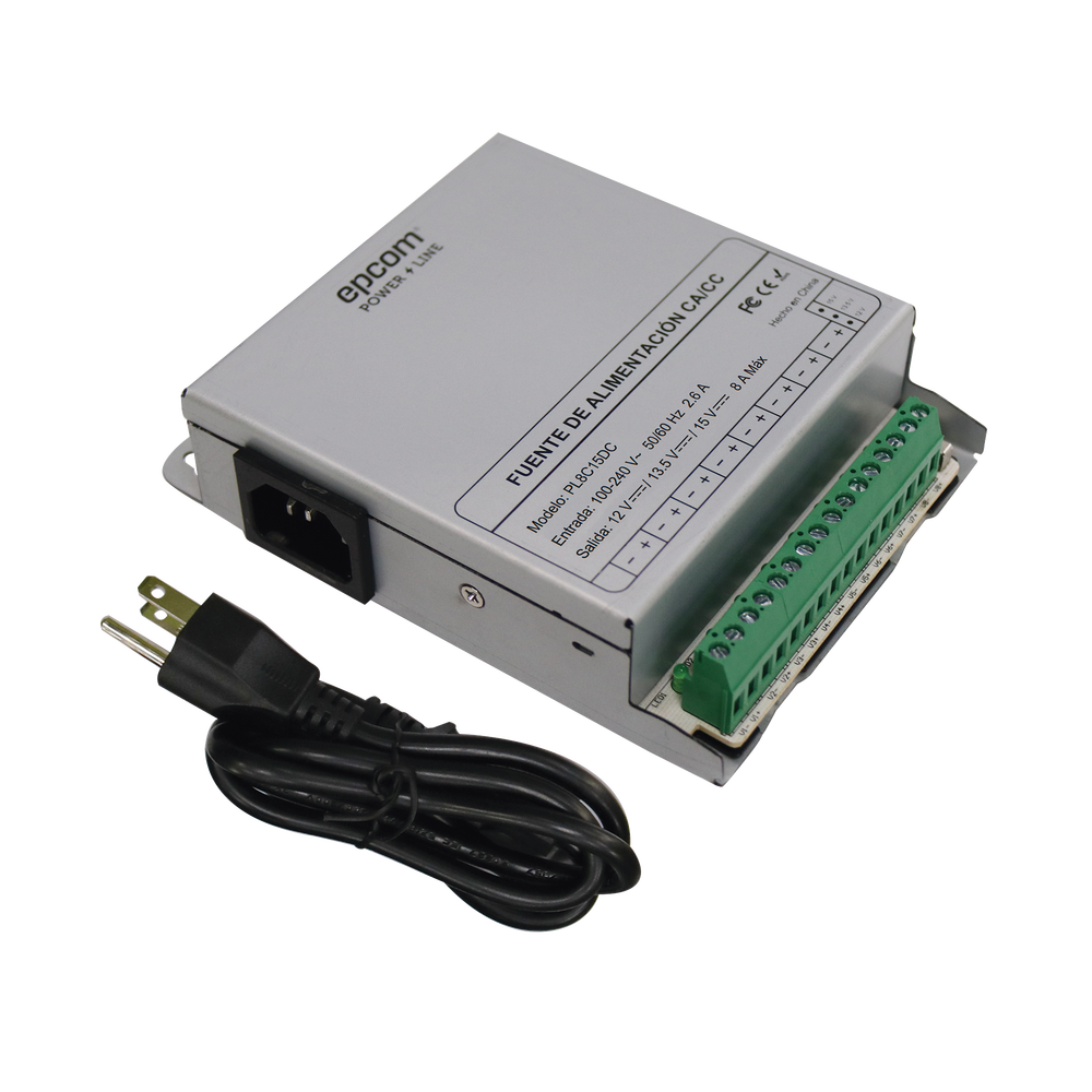 Fuente de Poder Metálica / Para 8 Cámaras / Ajustables a 12 o 13.5 o 15 Vcc / 8 Amperes / Instalación en Pared.