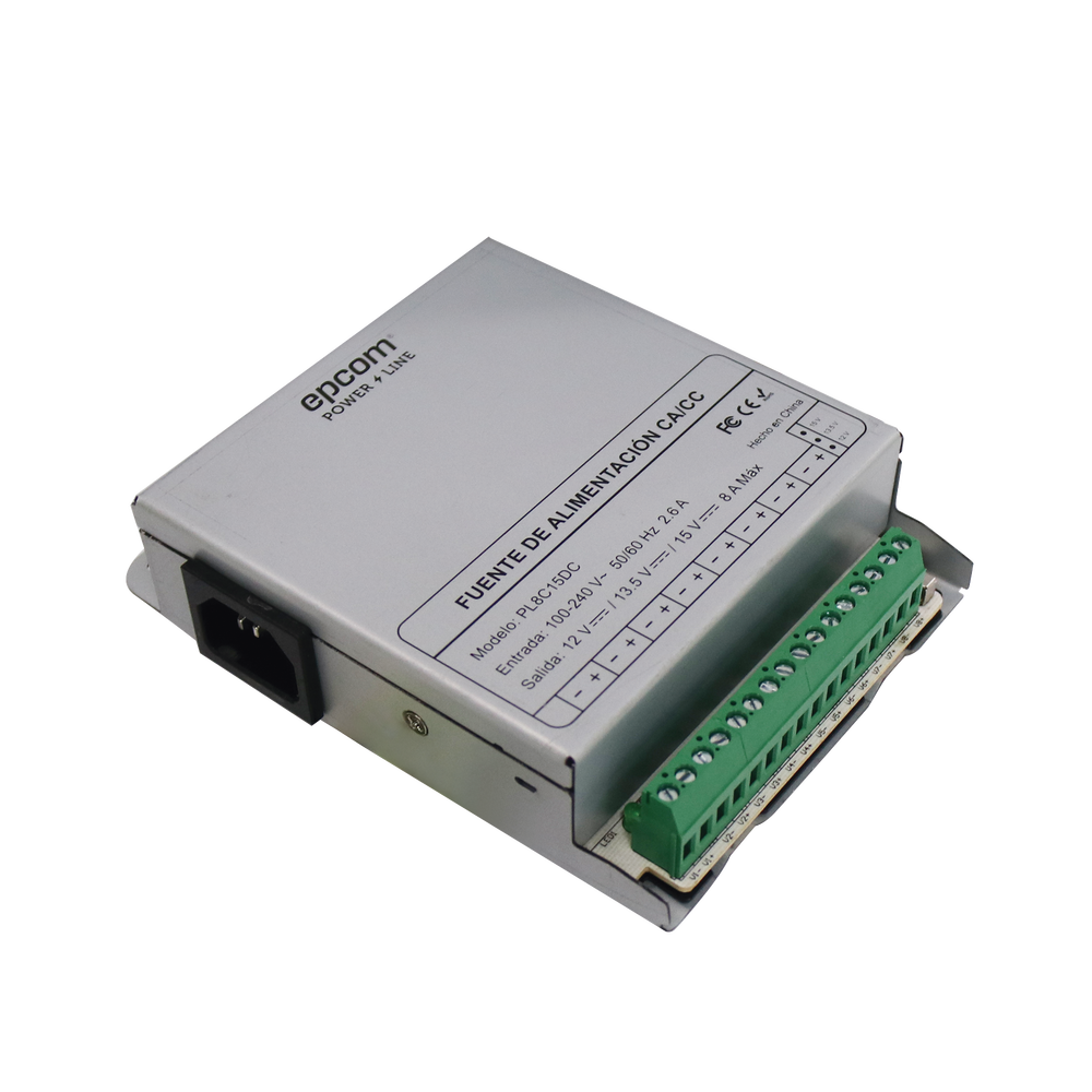 Fuente de Poder Metálica / Para 8 Cámaras / Ajustables a 12 o 13.5 o 15 Vcc / 8 Amperes / Instalación en Pared.