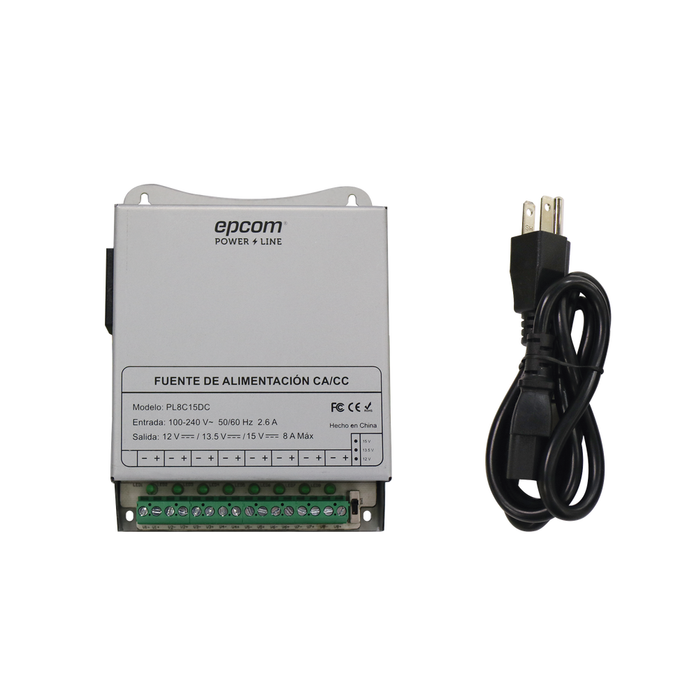 Fuente de Poder Metálica / Para 8 Cámaras / Ajustables a 12 o 13.5 o 15 Vcc / 8 Amperes / Instalación en Pared.